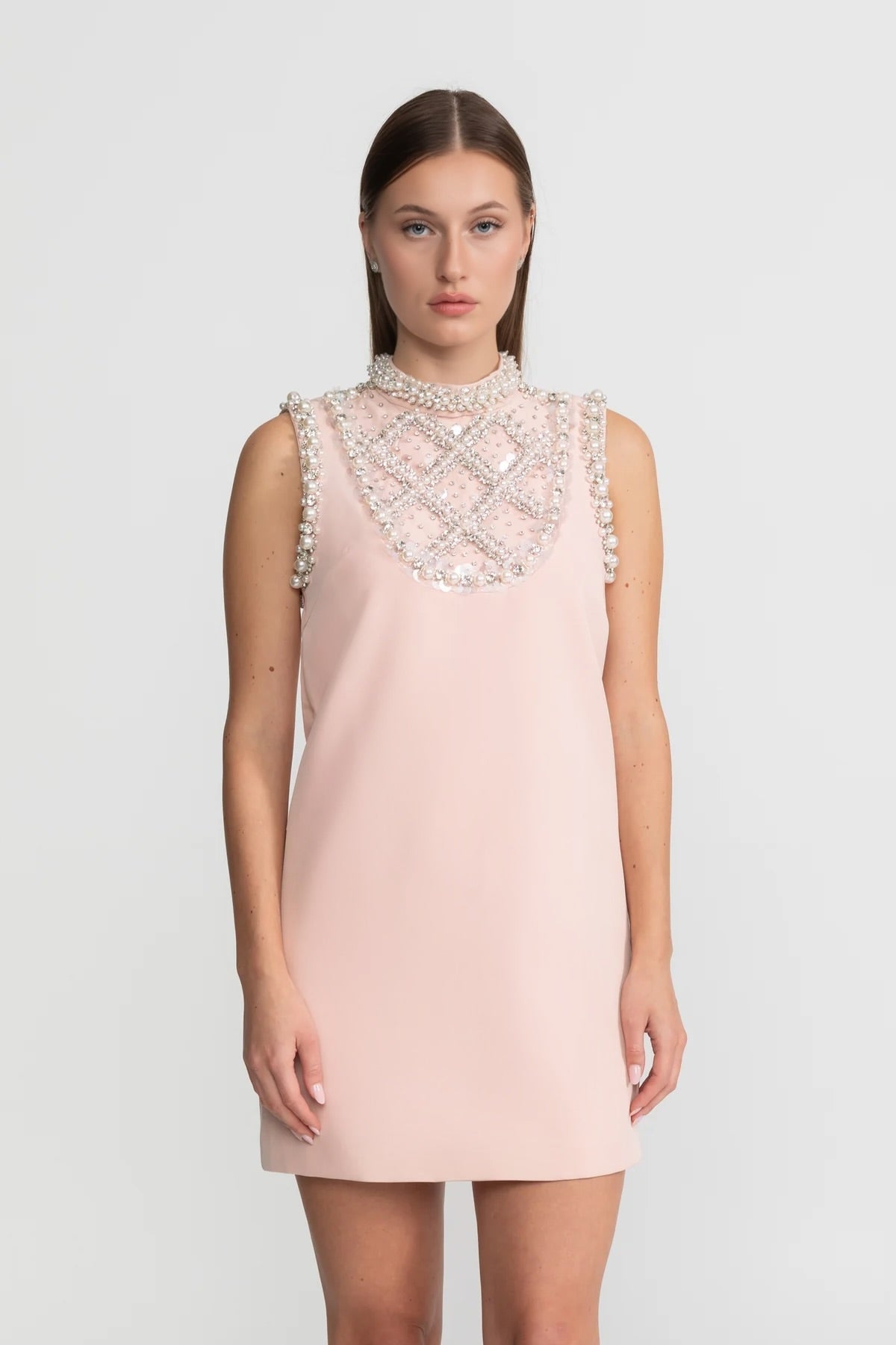 Pearl Embellished Sleeveless Shift Mini Dress High Neck Pearl Bib