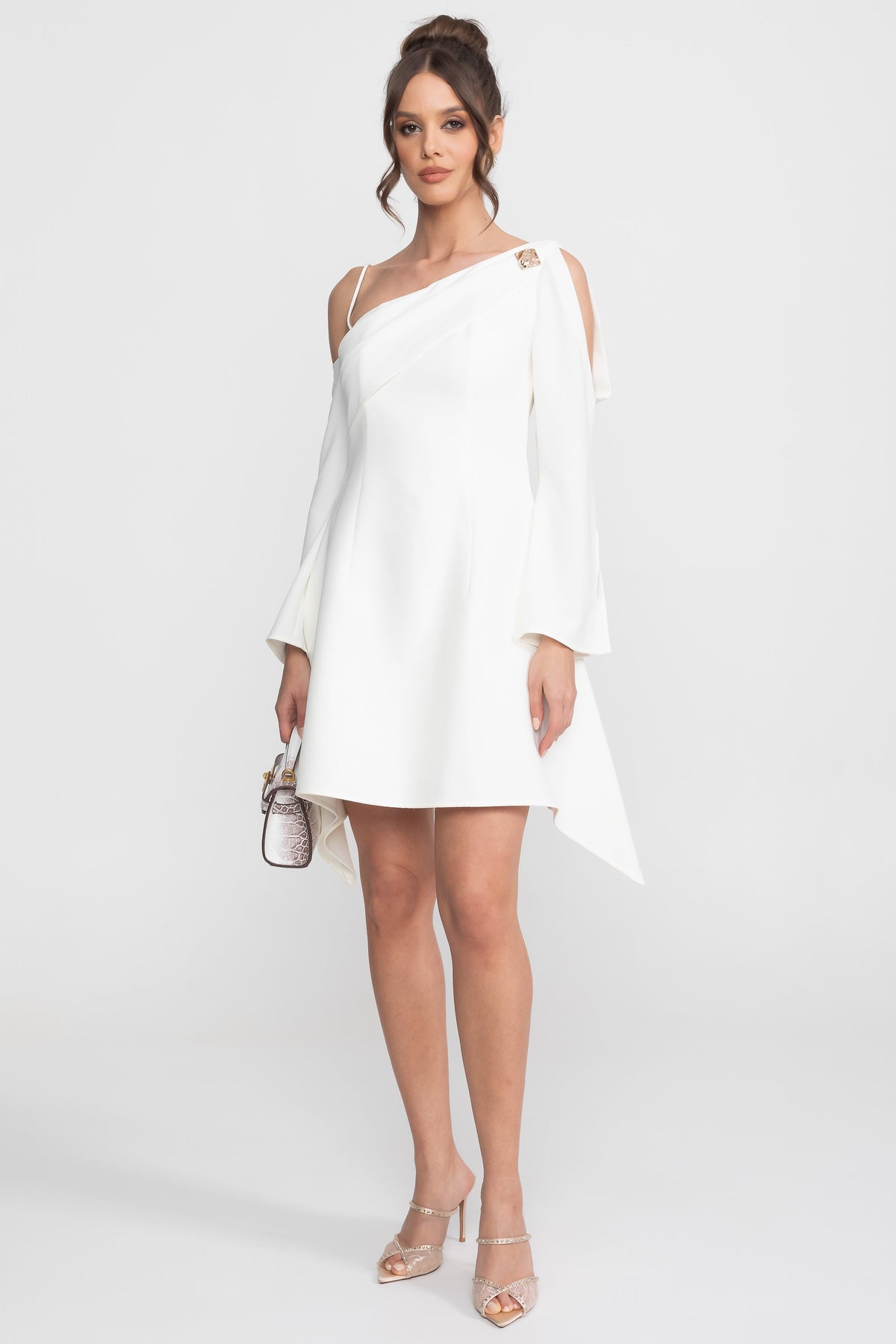 Asymmetric Cold-Shoulder Mini Dress - White - View 4