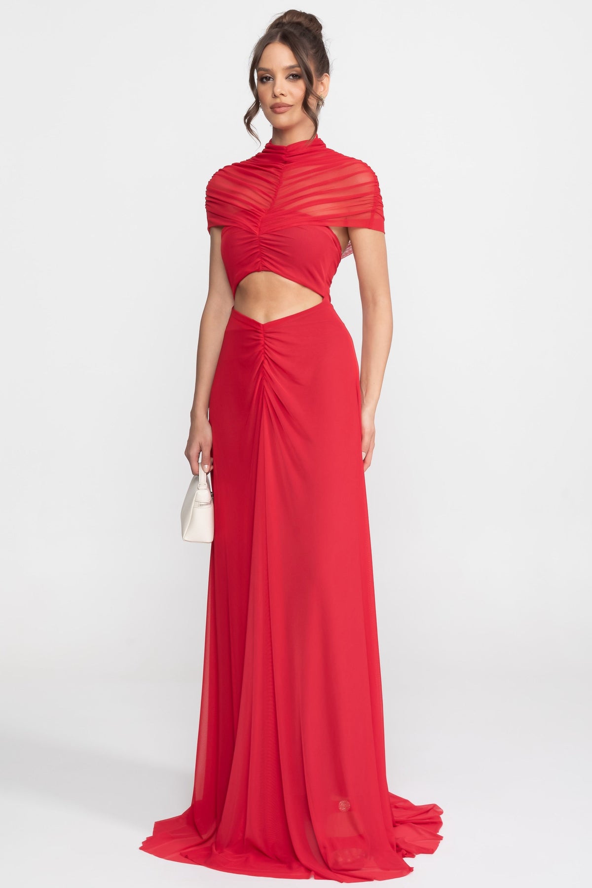 Ruched Off-The-Shoulder Maxi Dress With Cut-Out Waist - Crimson - View 2