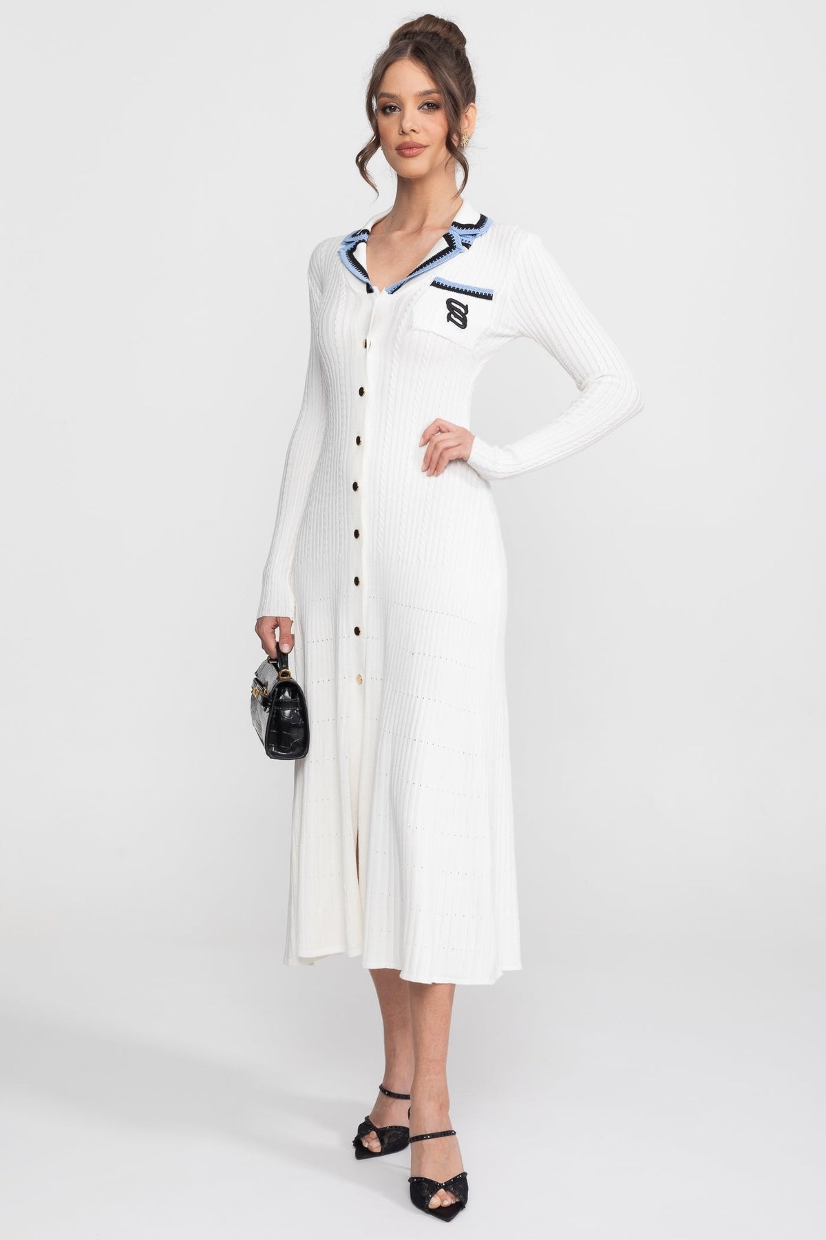 Long Sleeve Knit Midi Dress - White - View 5