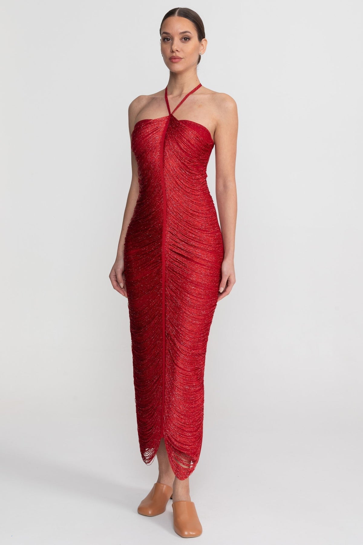 Halter Neck Midi Dress With All-Over Pleated Texture - Red - View 3