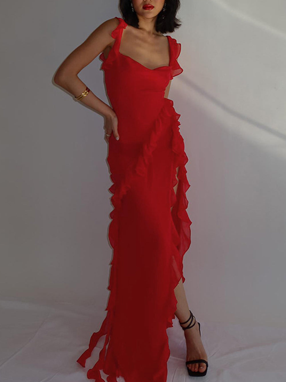 Chiffon Square Neck Ruffle High Split Maxi Dress - View 6