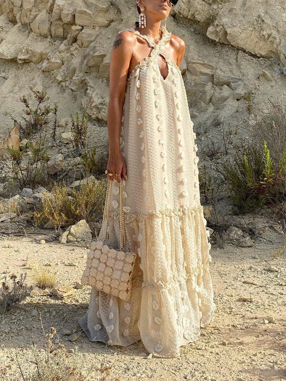 Halter Neck Keyhole Tiered Textured Dot Applique Maxi Dress