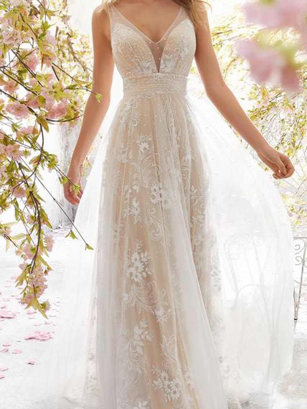 Beaded V-Neck Floral Lace Mesh Overlay A-Line Maxi Gown