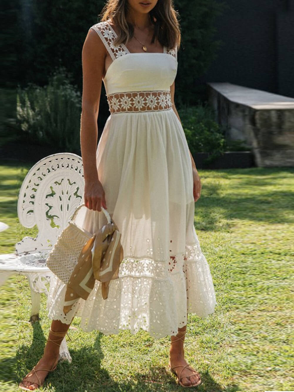 Long Lace Paneled Midi Dress With Full Hem - View 6