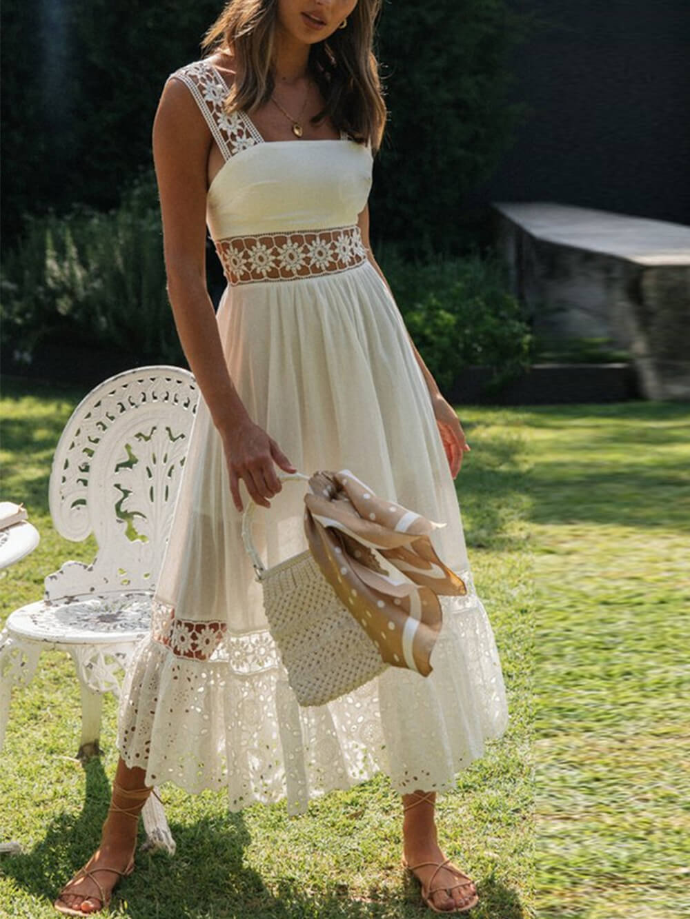 Long Lace Paneled Midi Dress With Full Hem - View 3