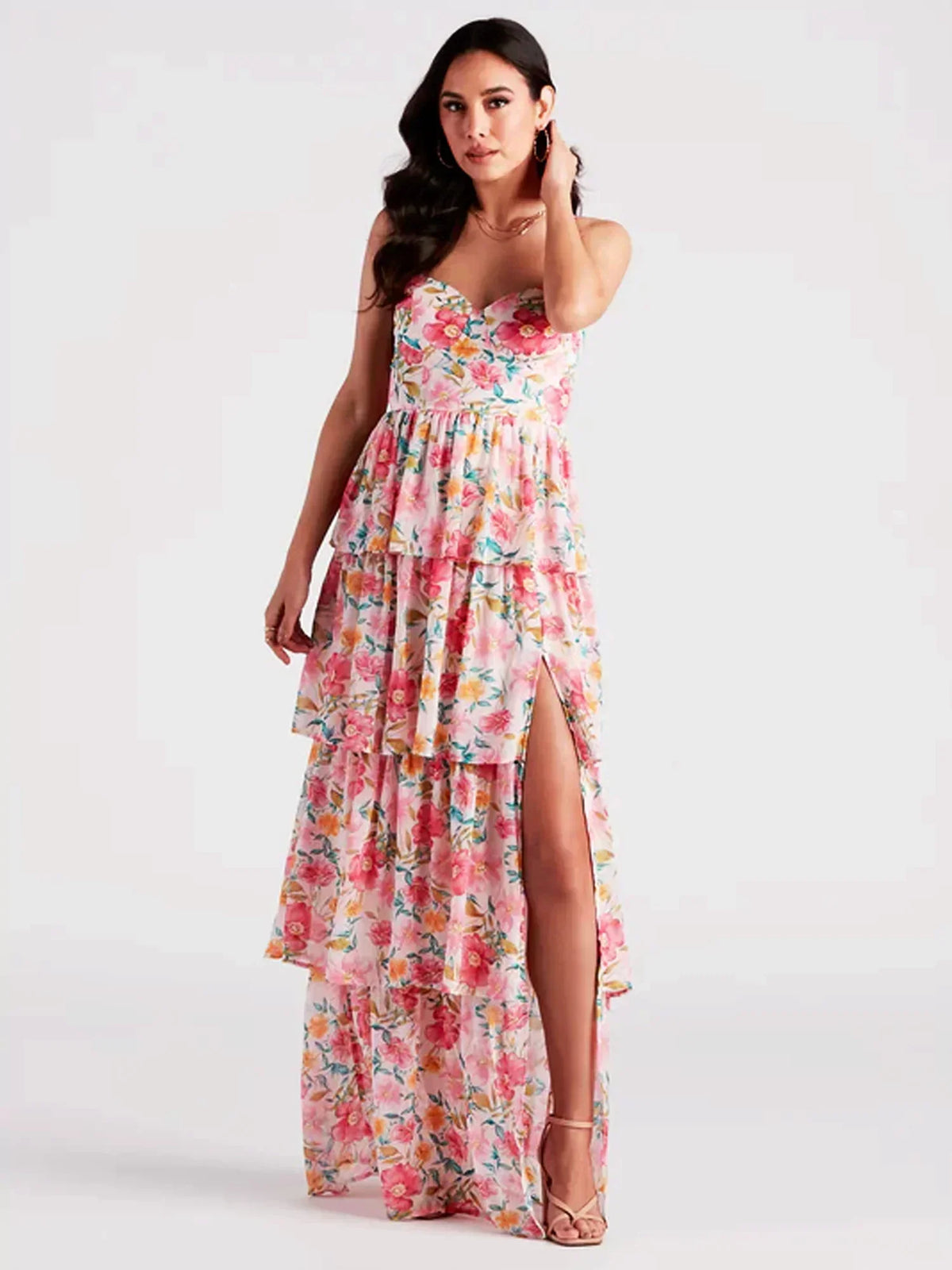 Floral Print Sweetheart Strapless Tiered Ruffle Maxi Gown