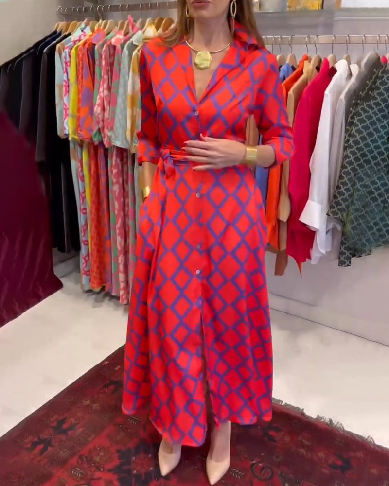 Geometric Print V-Neck Collared Button Front Maxi Shirt Dress