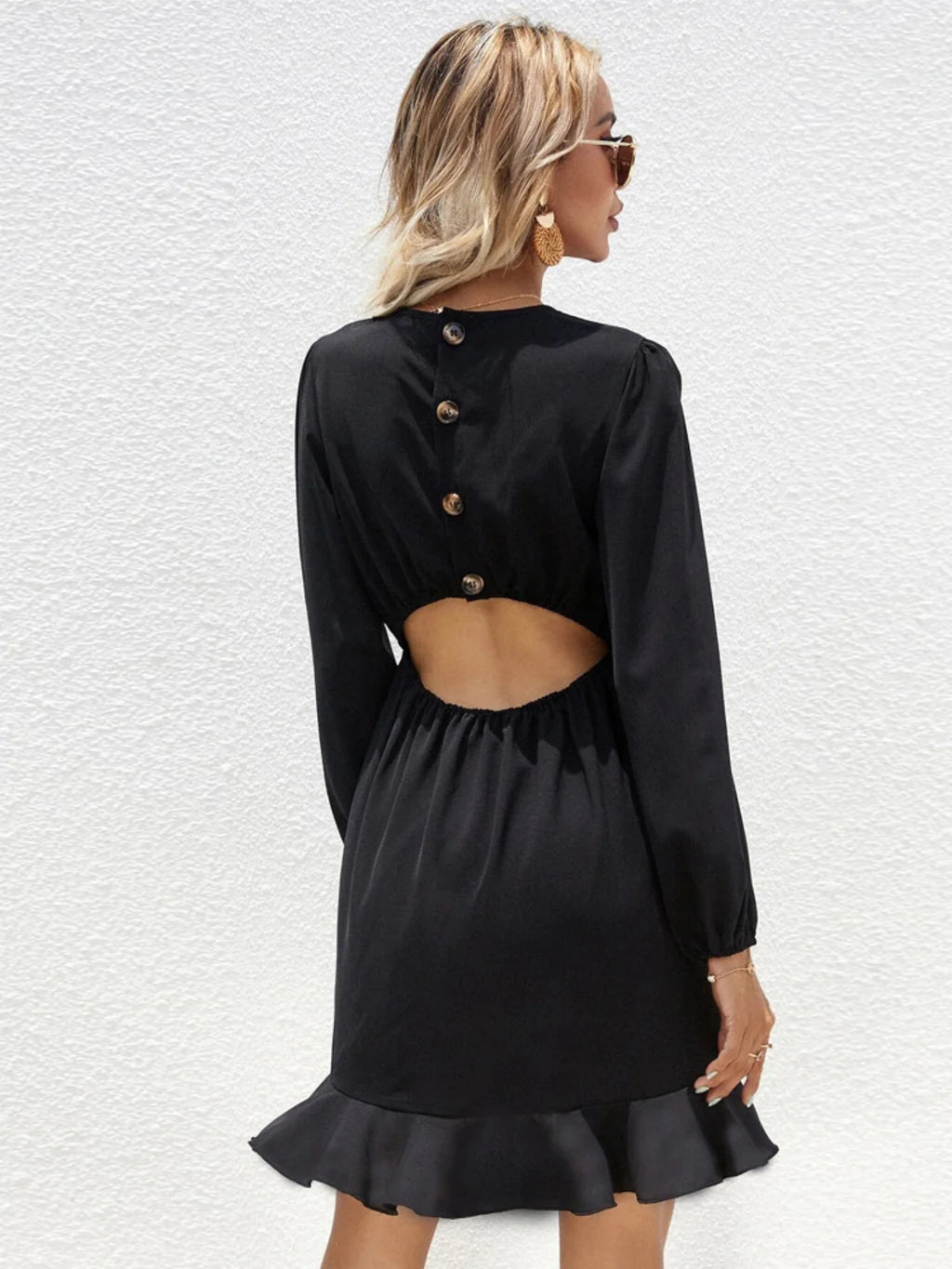 Round Neck Long Sleeve Ruffle Hem A-Line Mini Dress 4