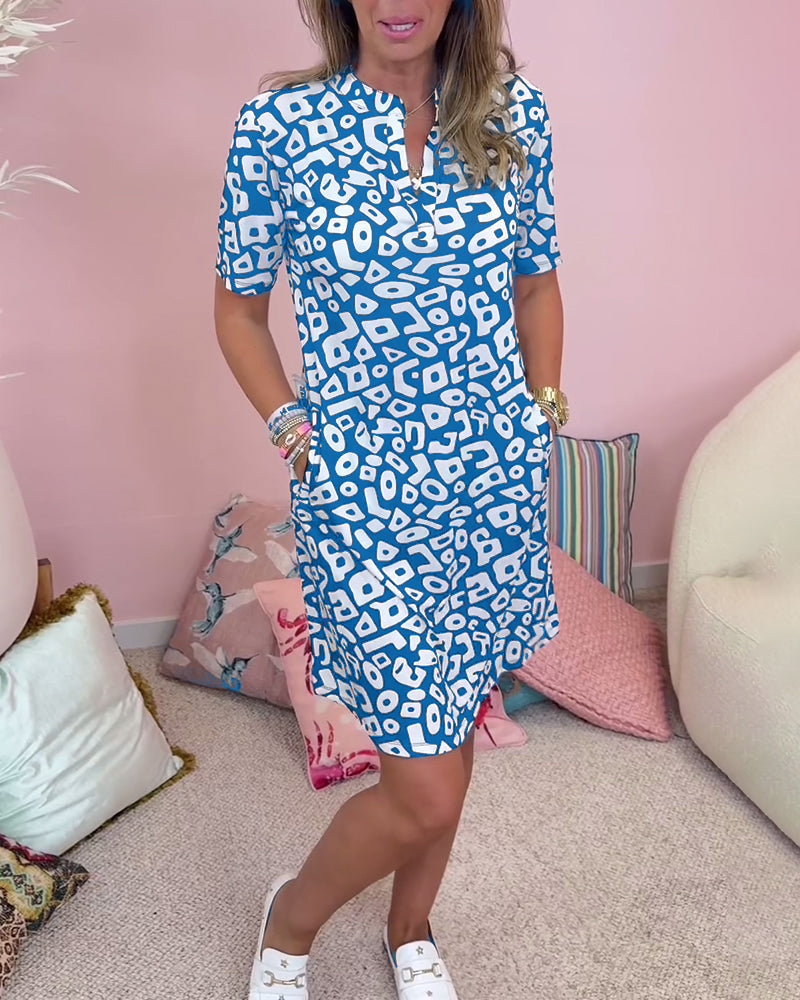 Geometric Print Short Sleeve Pocket Shift Mini Dress 8