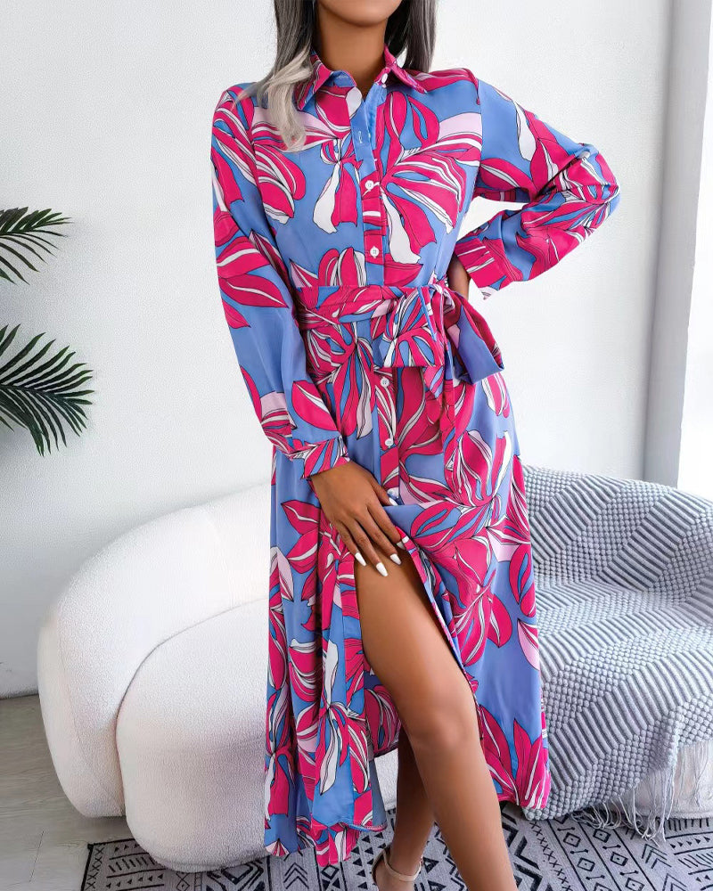 Tropical Leaf Print Collared Button Front Belted Shirt Maxi Dress 8