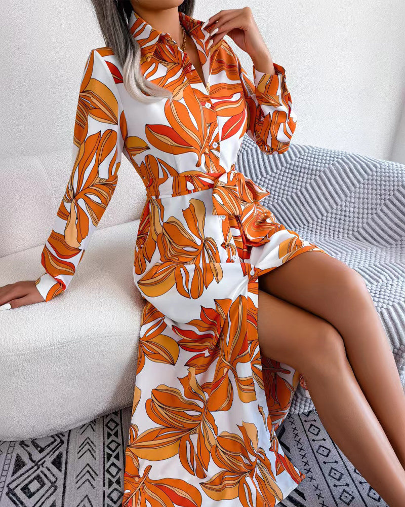 Tropical Leaf Print Collared Button Front Belted Shirt Maxi Dress 14