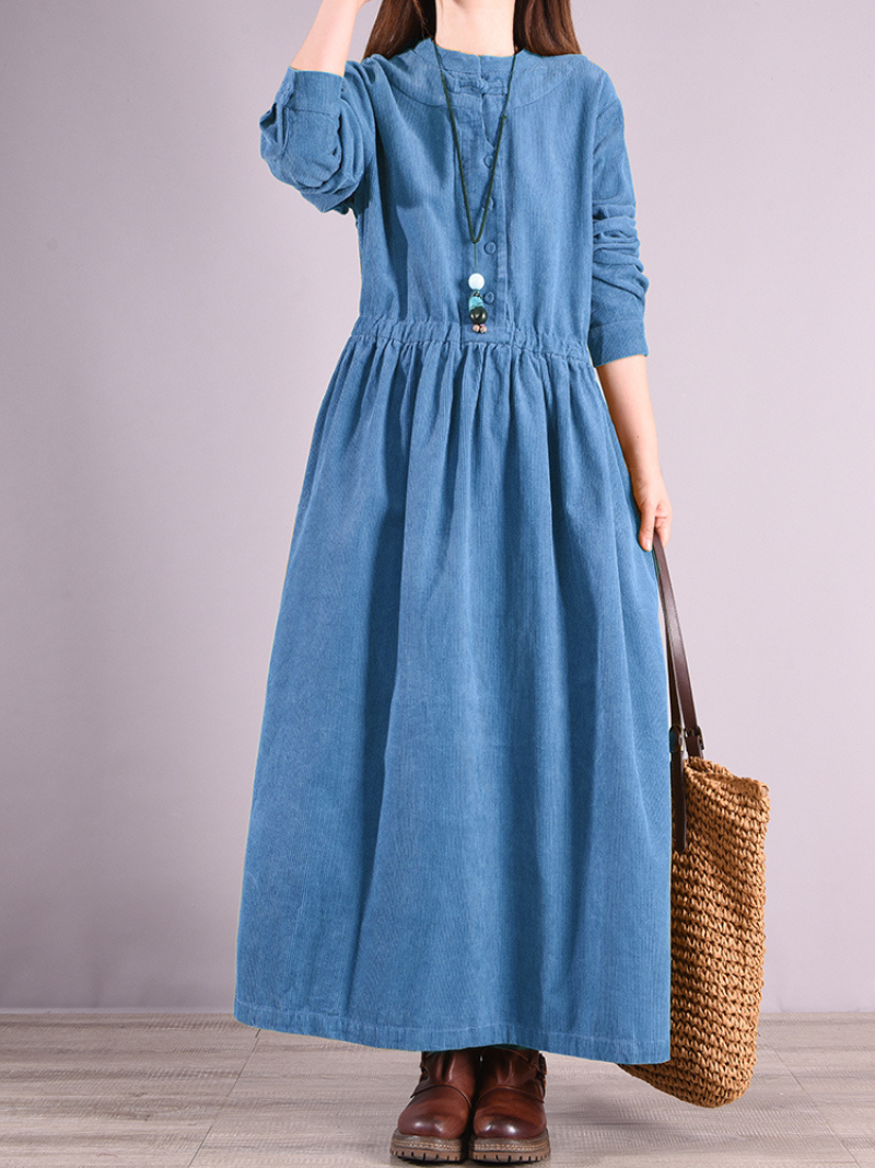 Corduroy Round Neck Button Front Long Sleeve A-Line Maxi Dress