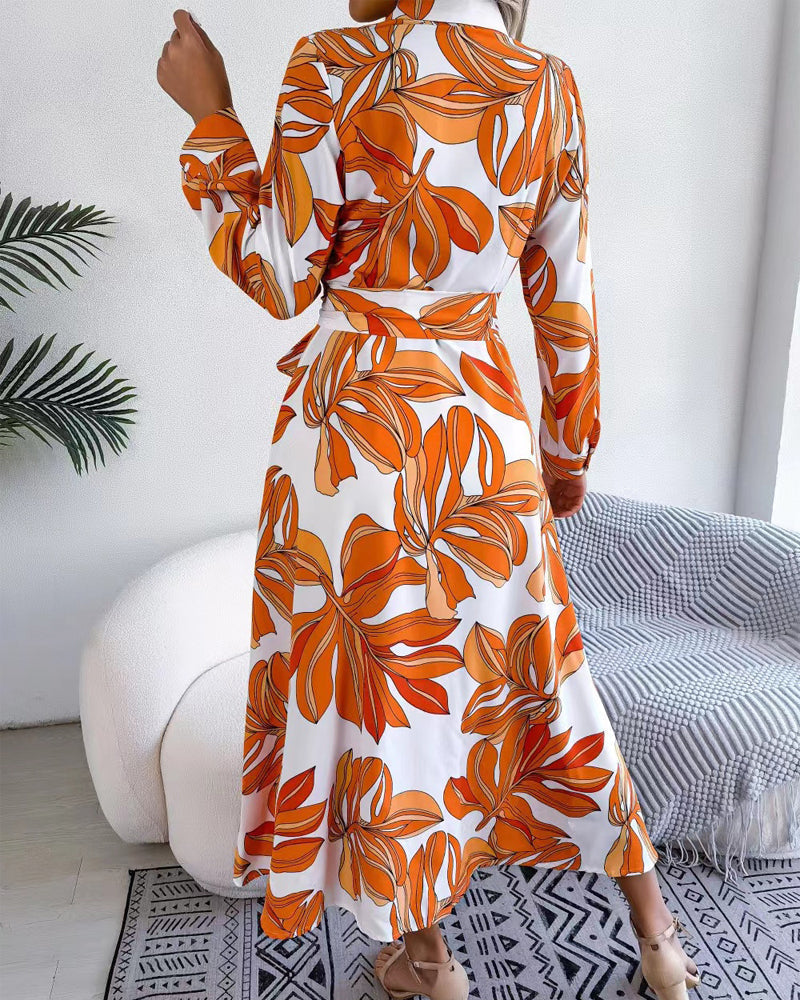 Tropical Leaf Print Collared Button Front Belted Shirt Maxi Dress 15