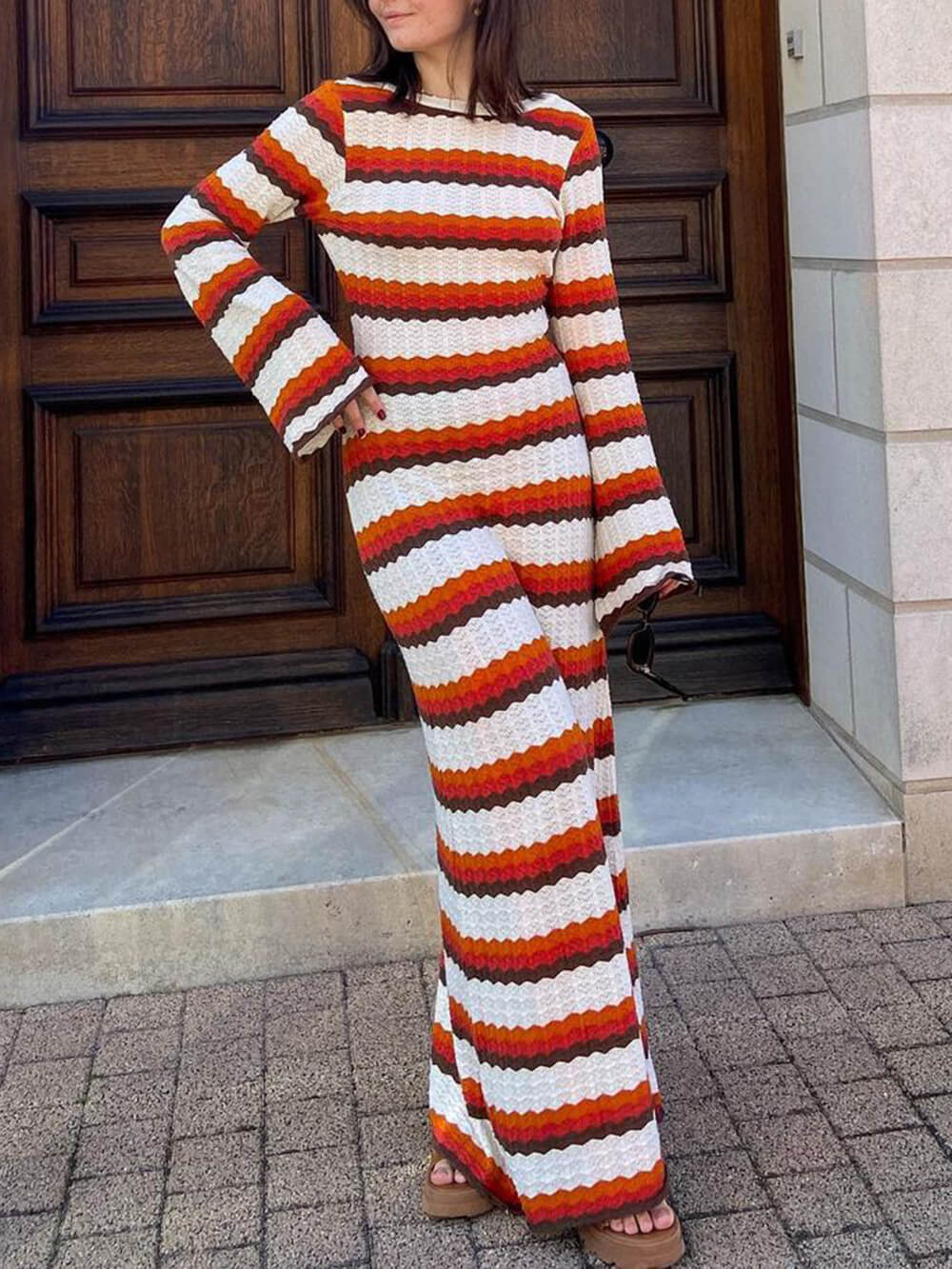 Crochet Zigzag Stripe Long Sleeve Bell Sleeve Maxi Dress