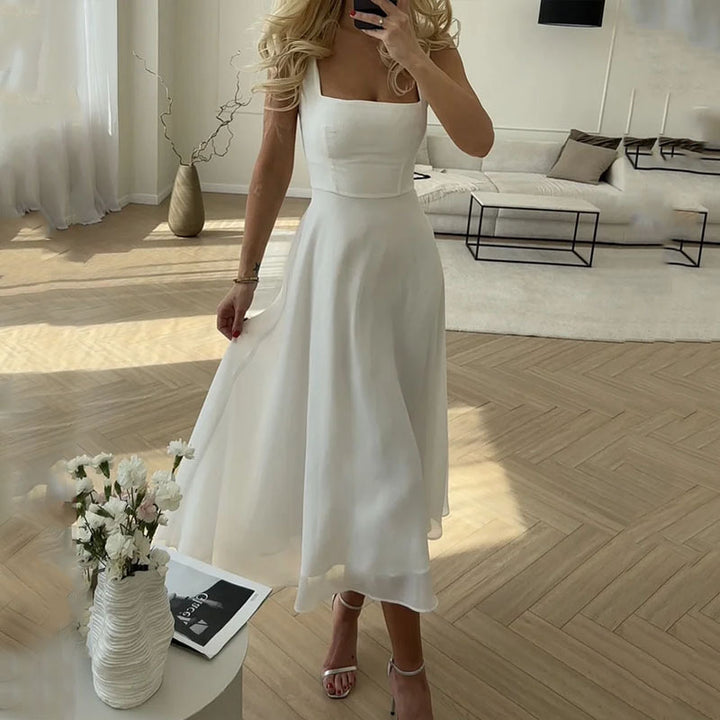 Chiffon Square Neck Fit and Flare Midi Dress