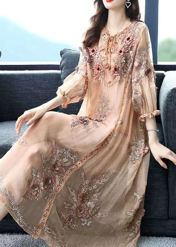 Embroidered Floral Applique Long Sleeve A-Line Midi Dress - View 2