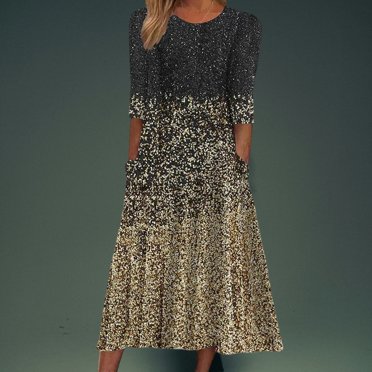 Gradient Print Three Quarter Sleeve Pocket A-Line Midi Dress - View 3
