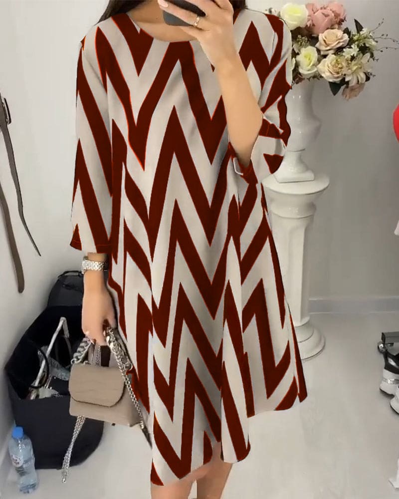 Chevron Print Crew Neck Elbow Sleeve Shift Mini Dress - View 5
