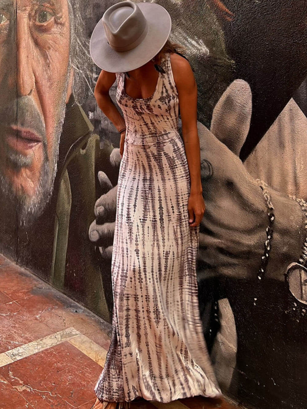 Tie - dye Print Back Lace - up Stretch Maxi Dress - View 11
