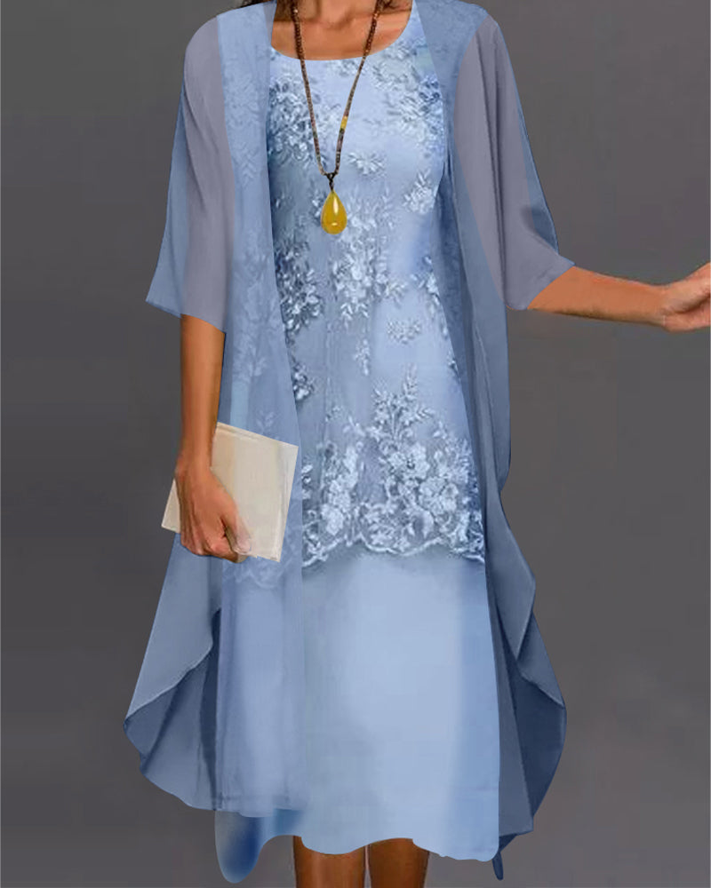 Lace Overlay Sleeveless Midi Chiffon Duster Cardigan Set