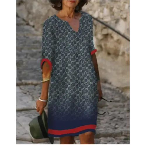 V-Neck Three Quarter Sleeve Relaxed Fit Knee Length Shift Dress - View 11