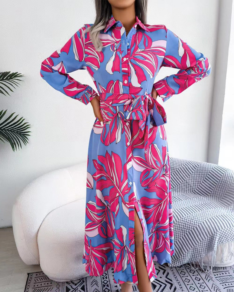 Tropical Leaf Print Collared Button Front Belted Shirt Maxi Dress 6