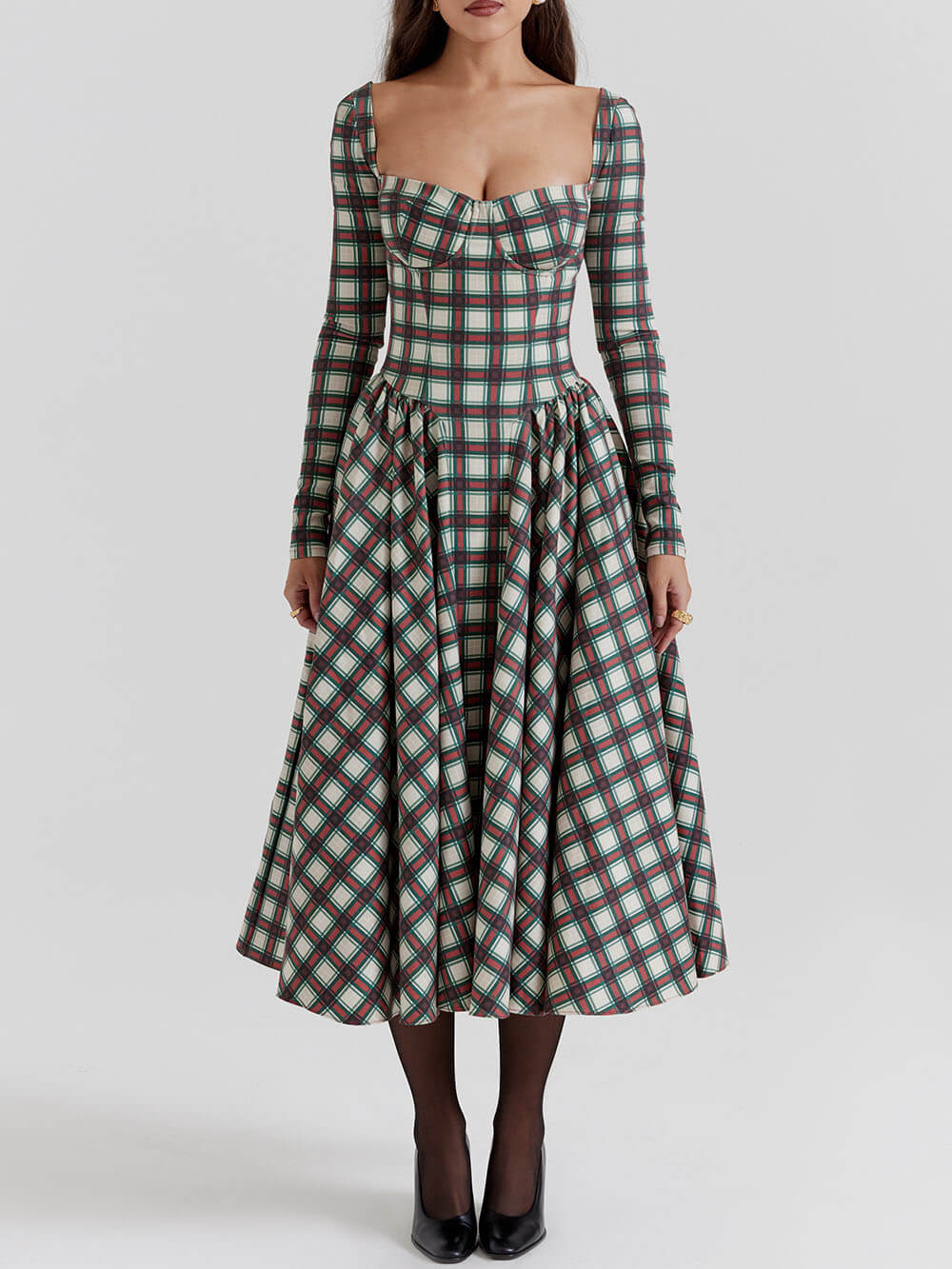 Tartan Sweetheart Long Sleeve Corset Fit and Flare Midi Dress - View 2