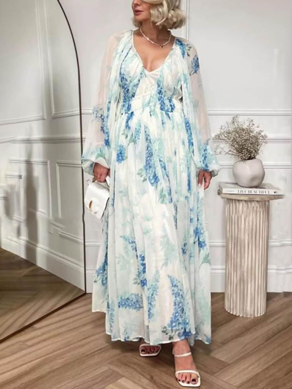 Ocean Flower Chiffon Floral Drawstring Waist Maxi Dress - View 3