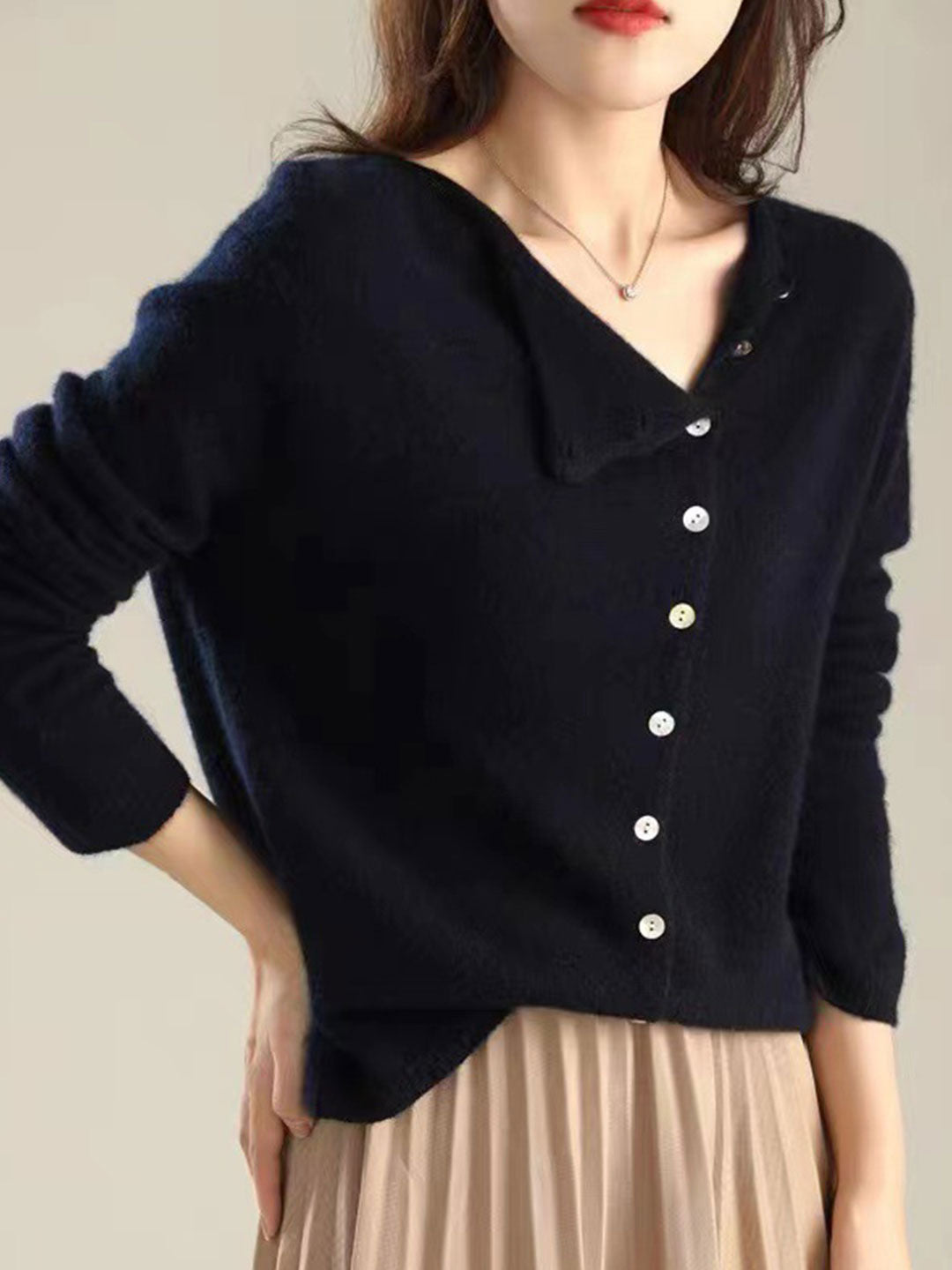 Foldover Collar Button Front Long Sleeve Knit Cardigan 11