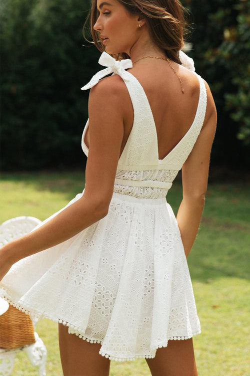 Deep V-Neck Tie Strap Eyelet Cut Out Mini Dress 3