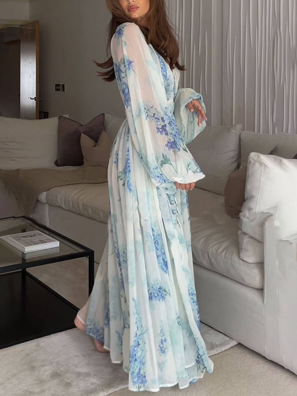Ocean Flower Chiffon Floral Drawstring Waist Maxi Dress - View 2