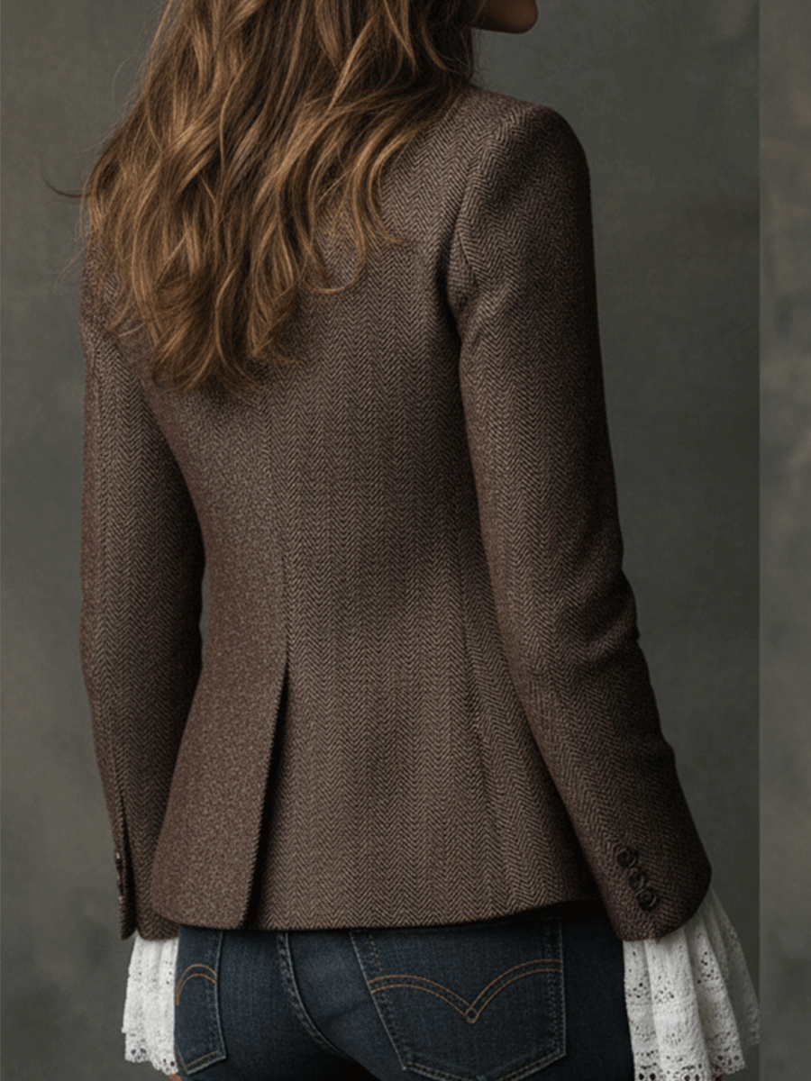 Herringbone Tweed Notch Lapel Tailored Blazer 2