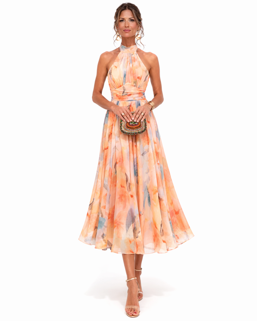 Floral Print Halter Neck Ruched Waist Pocket A-Line Maxi Dress 2