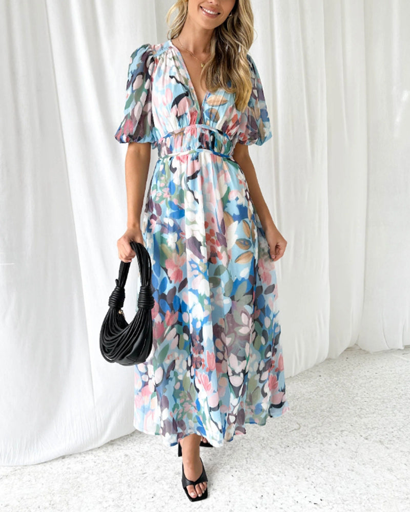 Floral Chiffon V-Neck Long Sleeve Ruched Waist Maxi Dress 7