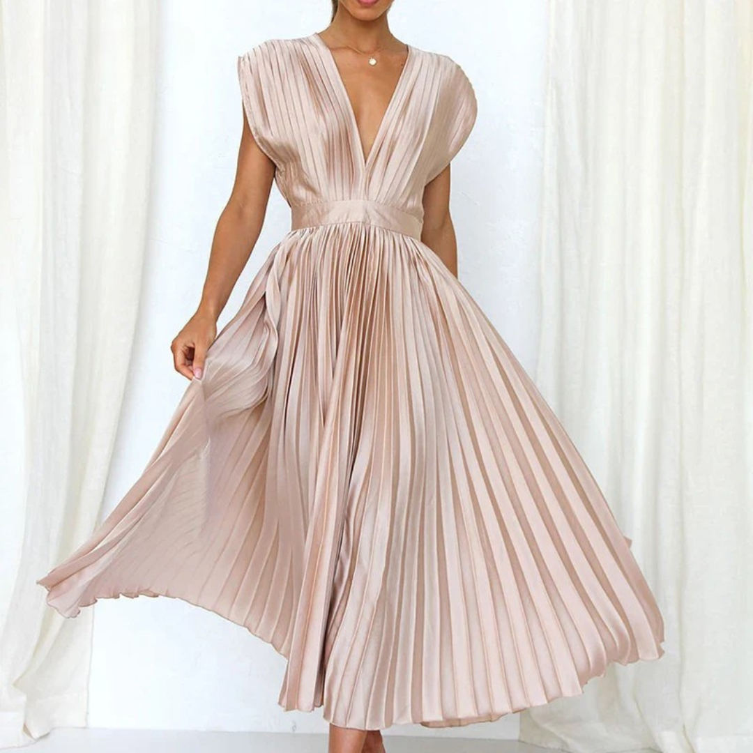 Deep V-Neck Cap Sleeve Pleated Flared Midi Dress 3
