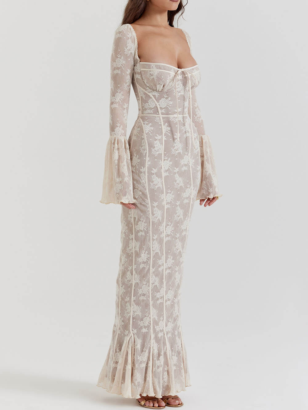 Vintage Cream Lace Maxi Dress - View 3