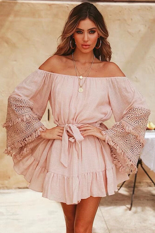 Off Shoulder Bell Sleeve Lace Trim Tie Waist Ruffle Mini Dress 2