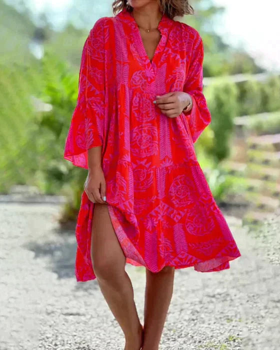 Geometric Print Notched V-Neck Bell Sleeve Tiered Midi Dress