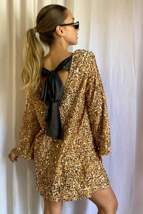 Sequin Long Sleeve Open Back Bow Tie Mini Dress - View 3
