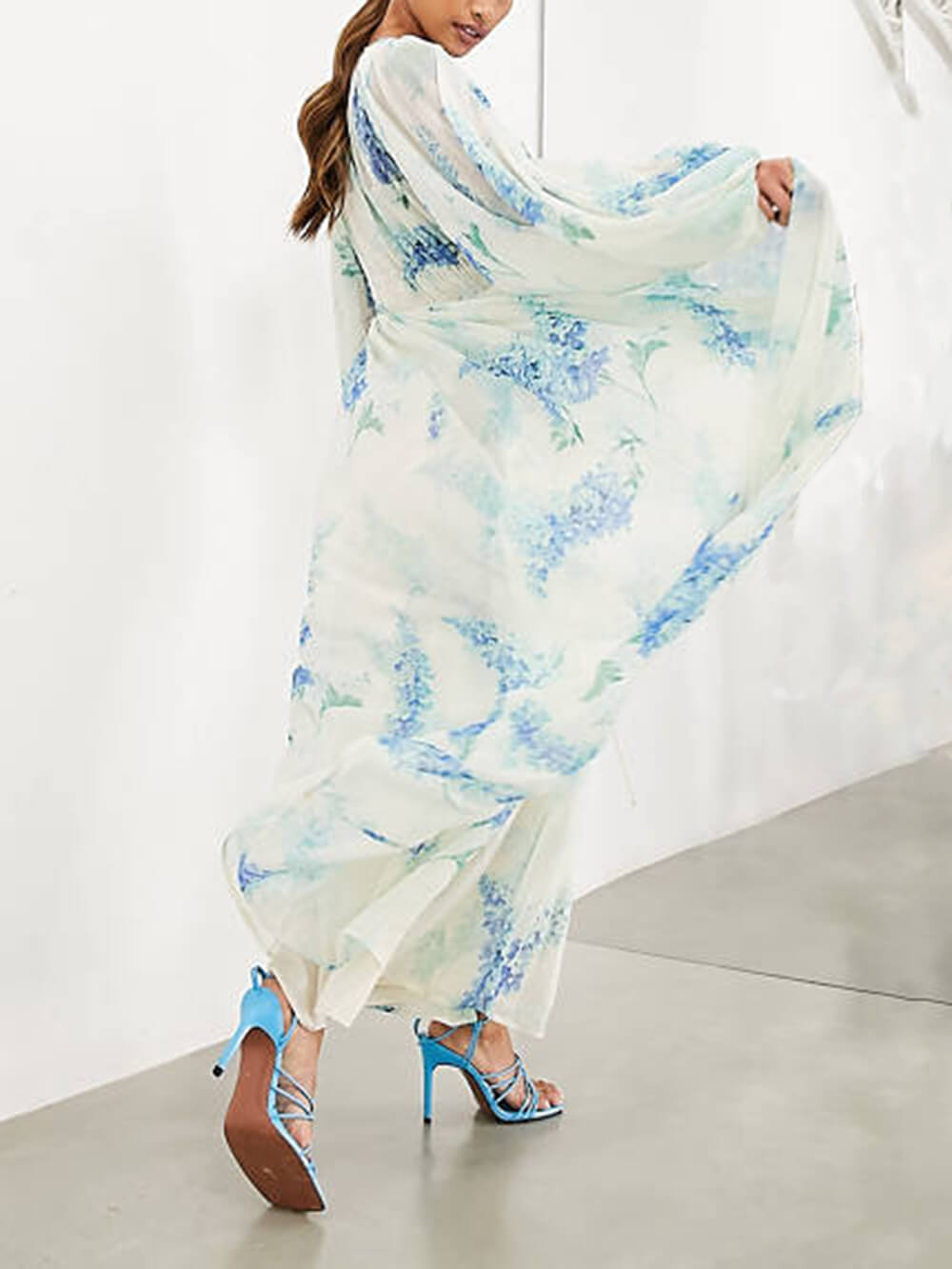 Ocean Flower Chiffon Floral Drawstring Waist Maxi Dress - View 5