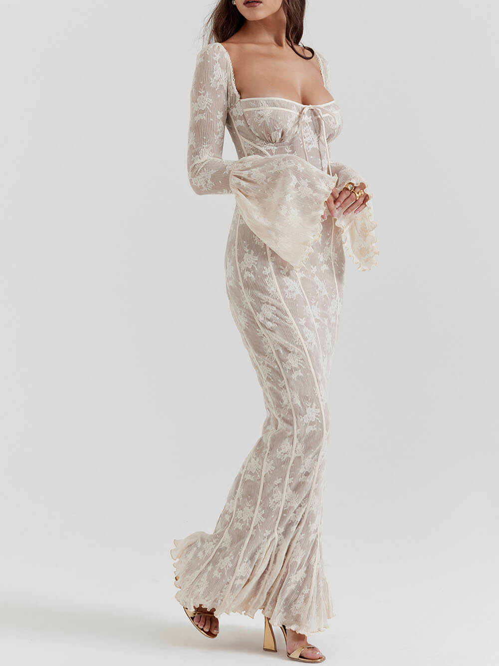 Vintage Cream Lace Maxi Dress - View 4