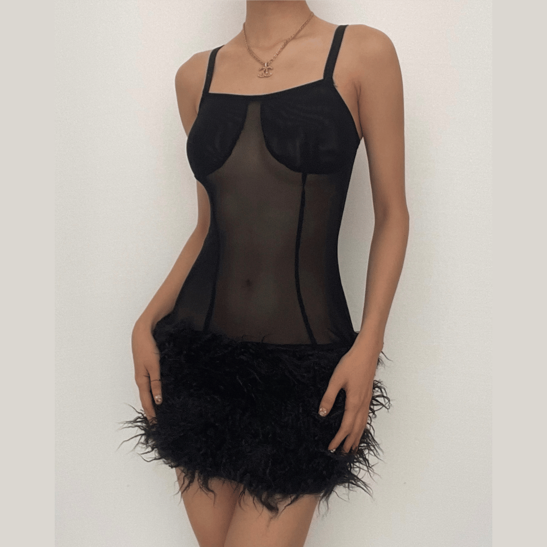 Mesh see through feather sleeveless backless mini dress - View 2