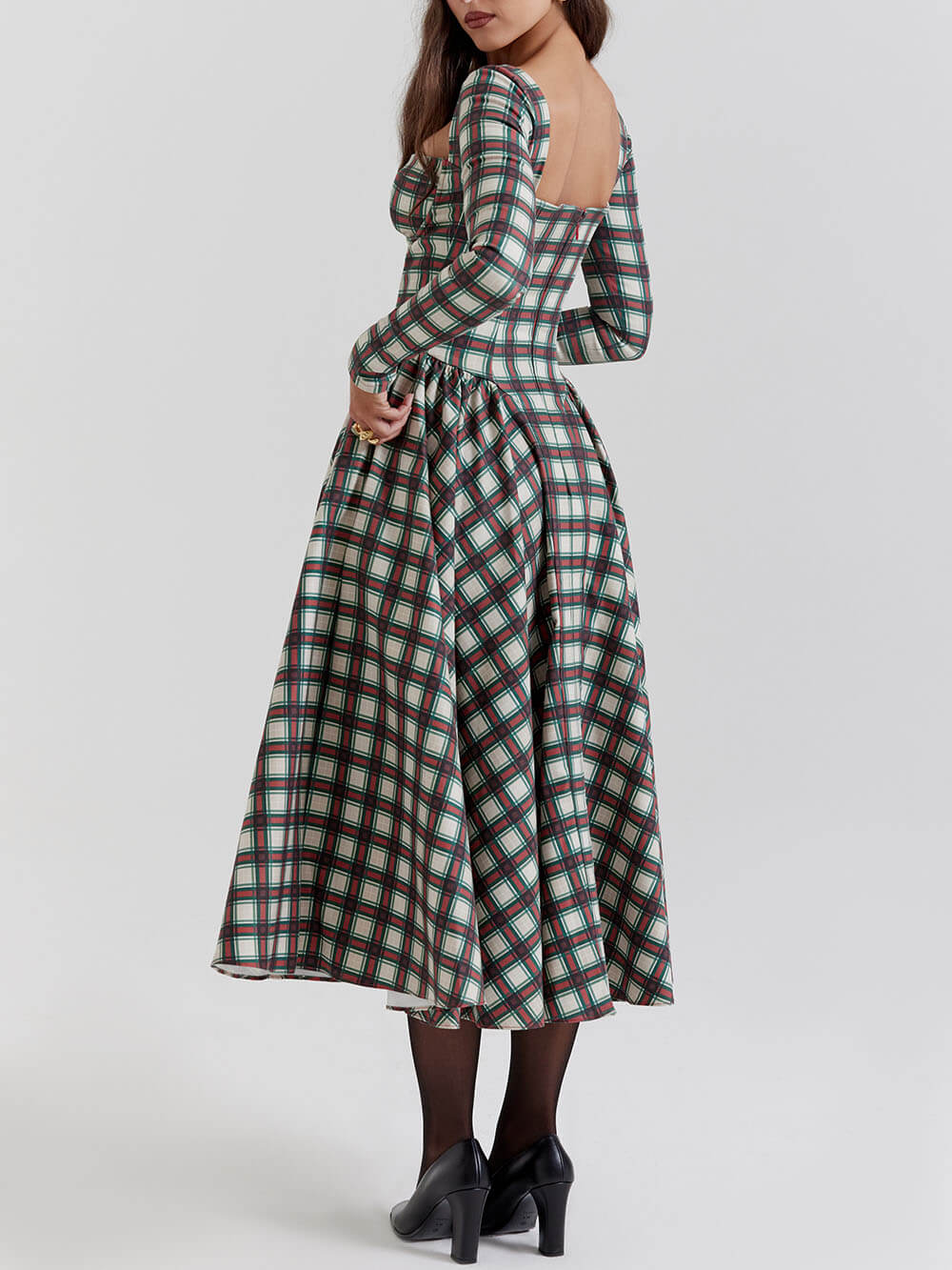 Tartan Sweetheart Long Sleeve Corset Fit and Flare Midi Dress - View 5