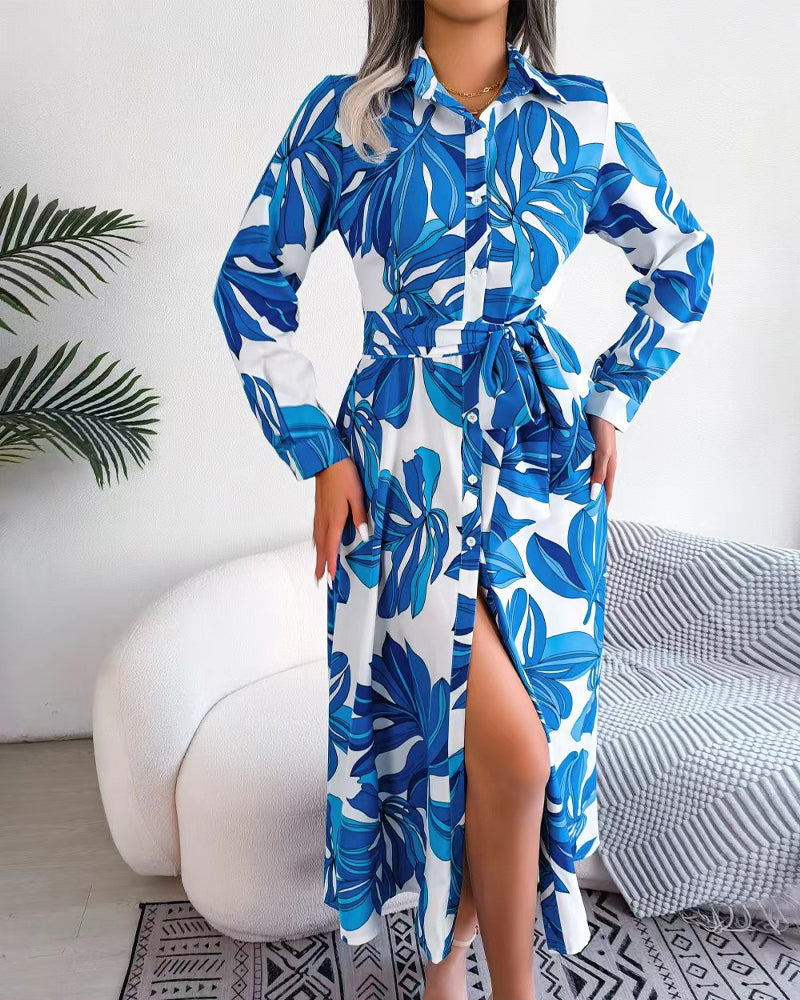Tropical Leaf Print Collared Button Front Belted Shirt Maxi Dress 3