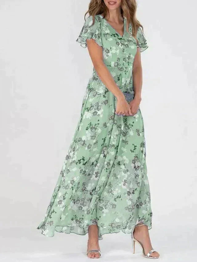 Floral Print V-Neck Button Front Flutter Sleeve Maxi Dress - View 4