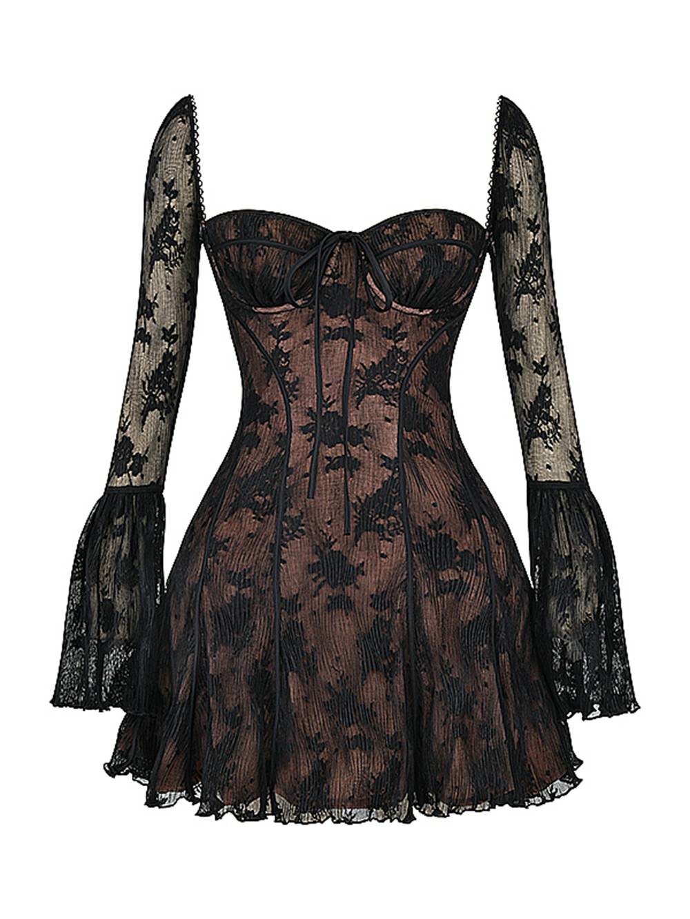 Floral Lace Bell Sleeve Corset Fit and Flare Mini Dress - View 6