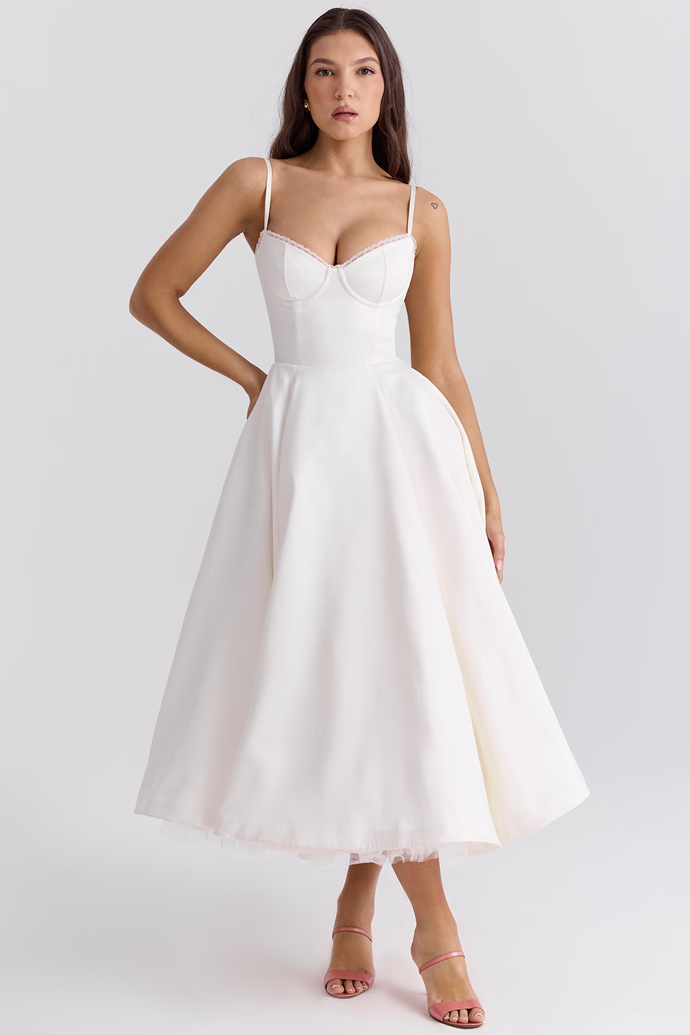 Spaghetti Strap Sweetheart Lace Trim Corset Midi Cocktail Dress - View 7