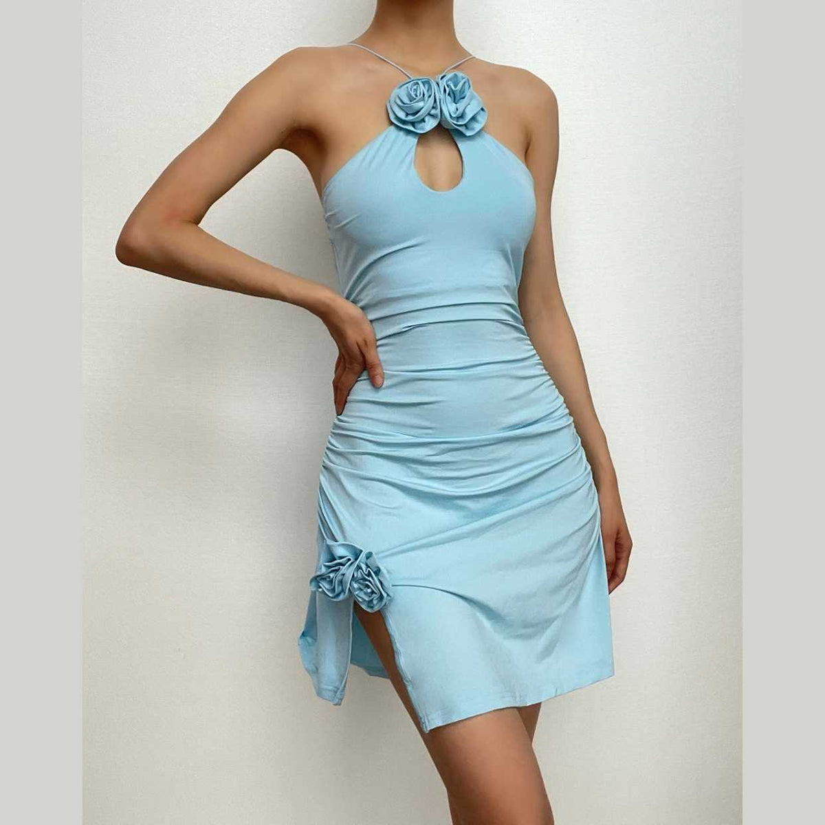 Rosette Appliqué Halter Cut Out Ruched Bodycon Mini Dress - View 9
