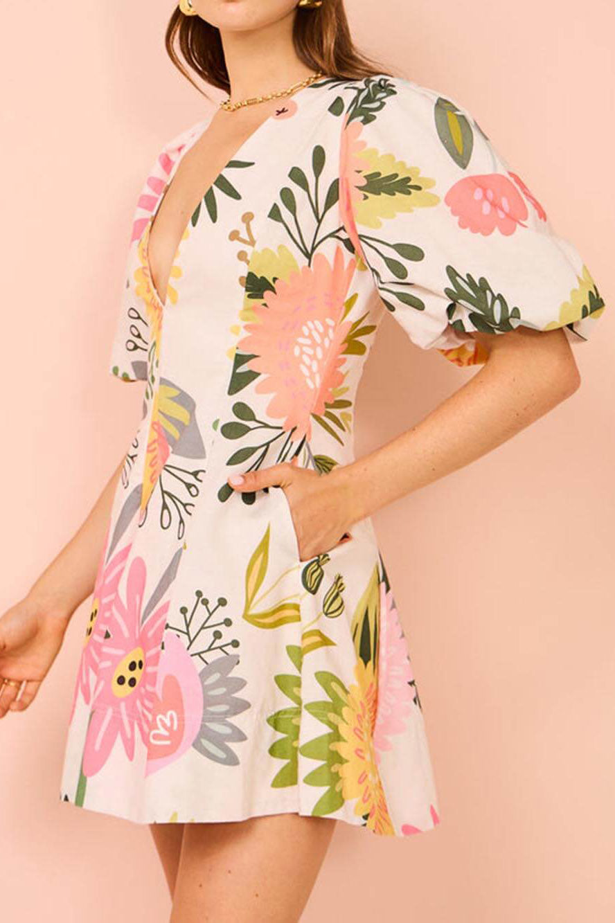 Floral Deep V-Neck Puff Sleeve Fit and Flare Mini Dress - View 3